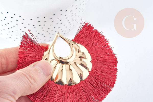 Pendentif large pompon fil rouge foncé support fer doré 85-92mm,pendentif bijoux xxL, x2 (G8375)
