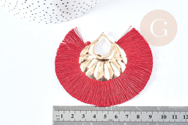 Pendentif large pompon fil rouge foncé support fer doré 85-92mm,pendentif bijoux xxL, x2 (G8375)