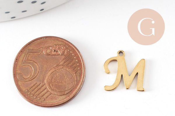 Pendentif lettre initiale M majuscule acier inoxydable 201 doré PVD 12mm, x1 (G9381)