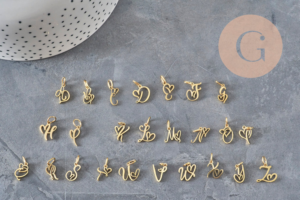 Pendentif lettre initiale stylisé acier inoxydable doré IP 12.5mm, x1 (G11372)