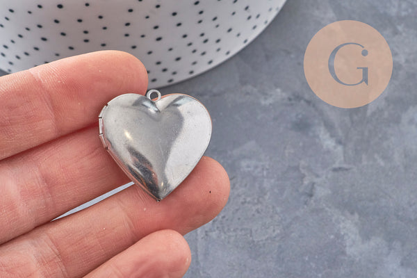 Pendentif locket coeur acier 316 inoxydable platine 29mm, x1 (G10984)