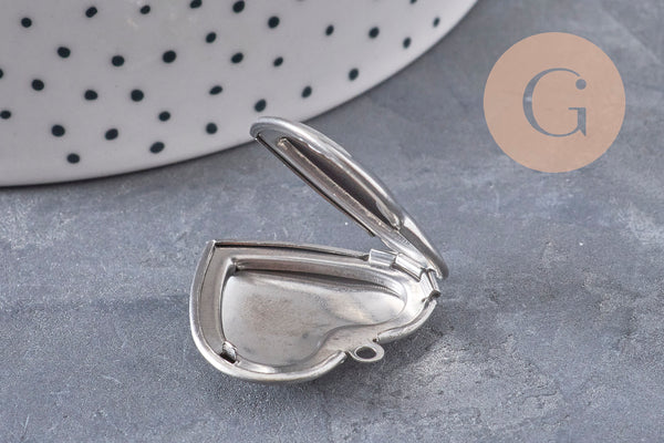 Pendentif locket coeur acier 316 inoxydable platine 29mm, x1 (G10984)