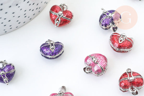 Pendentif locket coeur argenté émaillé, bijoux de grossesse, création bijoux argenté, 17.5mm, x1 G5513