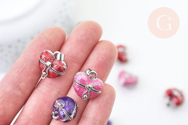 Pendentif locket coeur argenté émaillé, bijoux de grossesse, création bijoux argenté, 17.5mm, x1 G5513