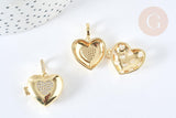Pendentif locket cœur laiton doré 18K zircon blanc 19,5mm,pendentif qui s'ouvre pour création bijoux, x1 G7374