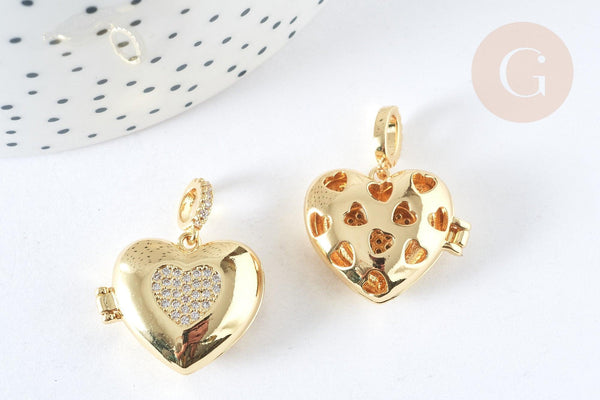 Pendentif locket cœur laiton doré 18K zircon blanc 19,5mm,pendentif qui s'ouvre pour création bijoux, x1 G7374