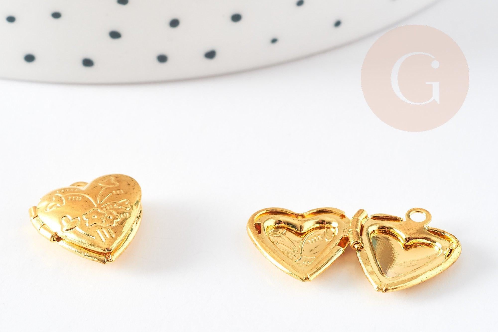 Pendentif locket cœur medaillon doré, médaillon Vintage, création collier, pendentif amour doré,15.6mm, x2 G5294
