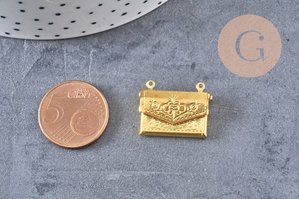 Pendentif locket enveloppe laiton doré 21.8mm, médaillon Vintage pour création collier x1 (G3321)