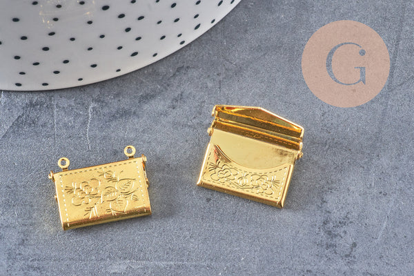 Pendentif locket enveloppe laiton doré 21.8mm, médaillon Vintage pour création collier x1 (G3321)