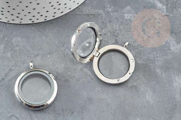 Pendentif locket medaillon verre laiton argenté 35mm, x1 (G9217)