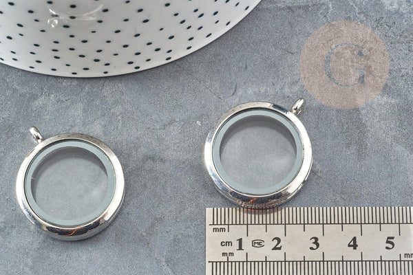 Pendentif locket medaillon verre laiton argenté 35mm, x1 (G9217)
