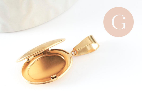 Pendentif locket ovale acier 316 inoxydable doré IP 18K 24mm, x1 (G9466)
