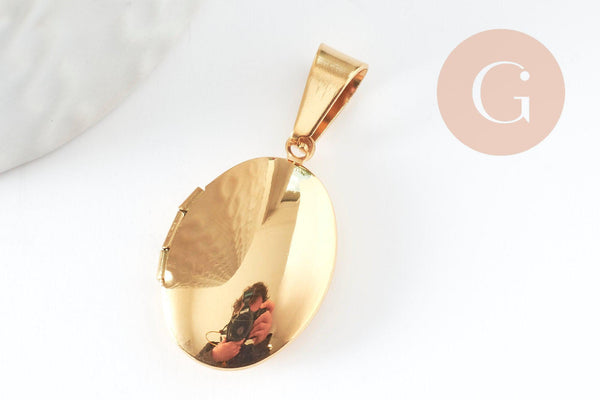 Pendentif locket ovale acier 316 inoxydable doré IP 18K 24mm, x1 (G9466)