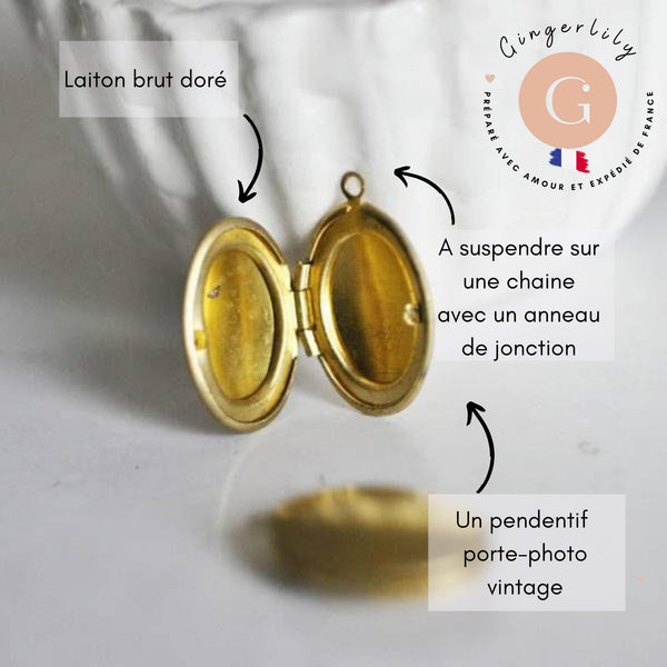 Pendentif locket ovale medaillon laiton brut 24mm, x2 (G0655)