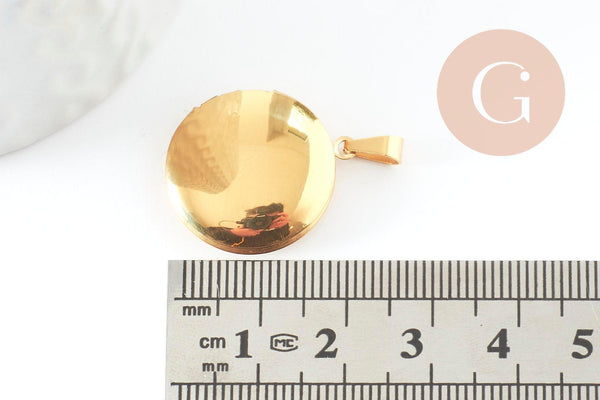 Pendentif locket rond acier 316 inoxydable doré IP 18K 23mm, x1 (G9461)
