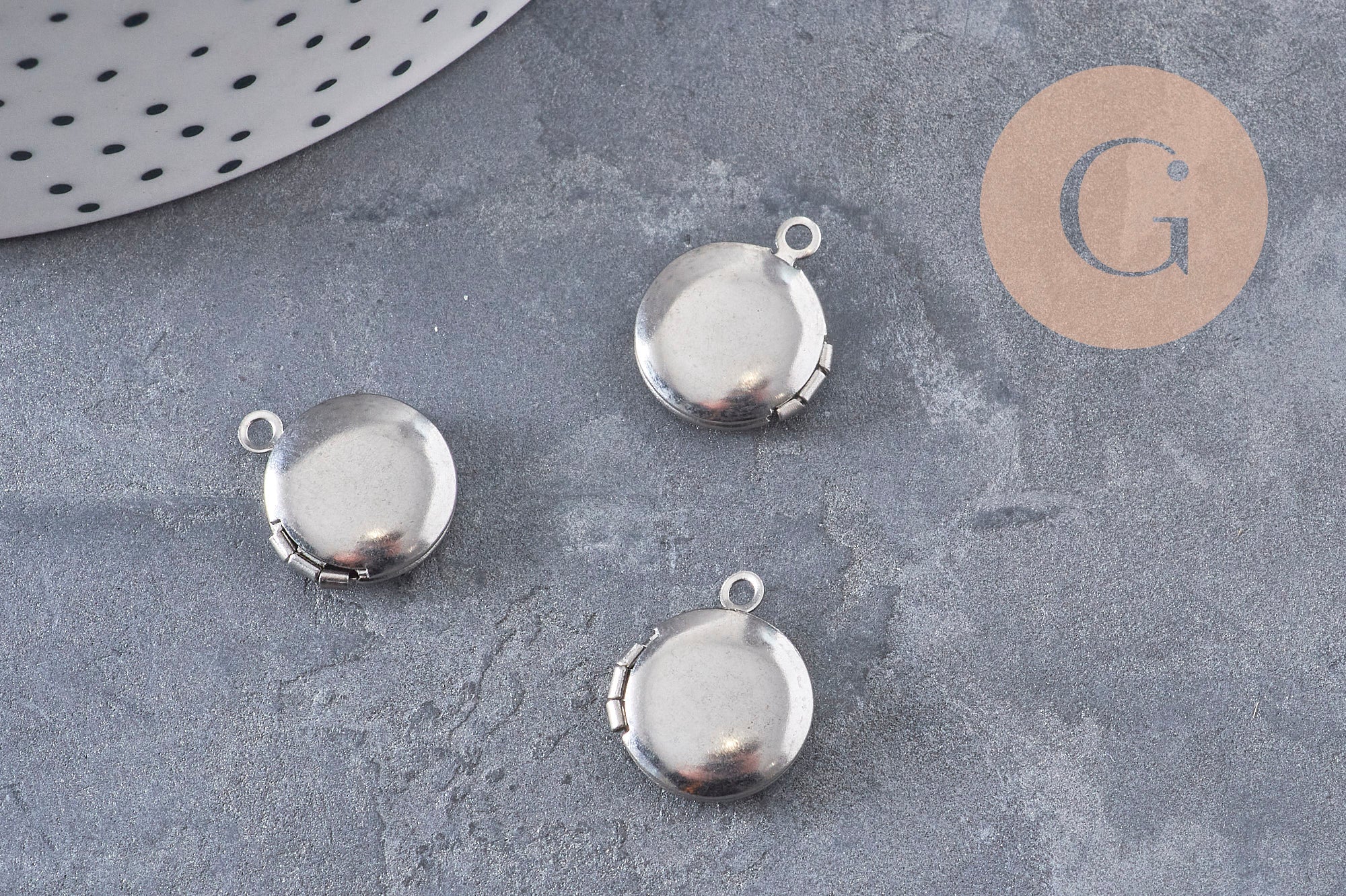 Pendentif locket rond acier 316 inoxydable platine 16mm, x1 (G10985)