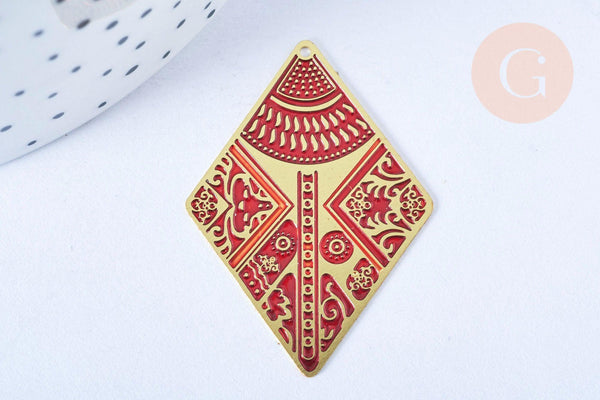 Pendentif losange gravé laiton doré email rouge 38.5mm, x1 (G6693)