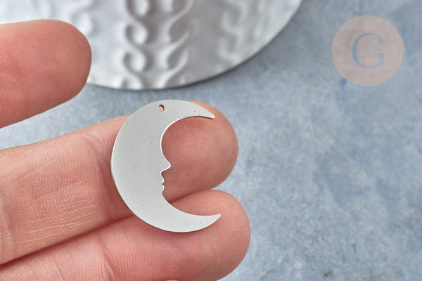 Pendentif lune acier 201 inoxydable platine 24mm, x1 G7603