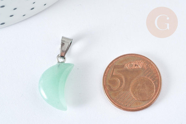 Pendentif lune aventurine verte naturelle support laiton argenté 29mm, pendentif lune bijou pierre naturelle, x1 (G7930)