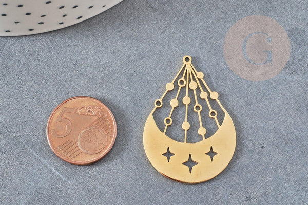 Pendentif lune et étoiles acier doré 39.5mm, breloque doré, acier inoxydable doré, pendentif sans nickel, création bijoux, x1, G6143
