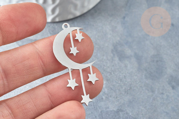 Pendentif lune et étoiles argenté acier 304 inoxydable 41.5mm, x1 (G7664)