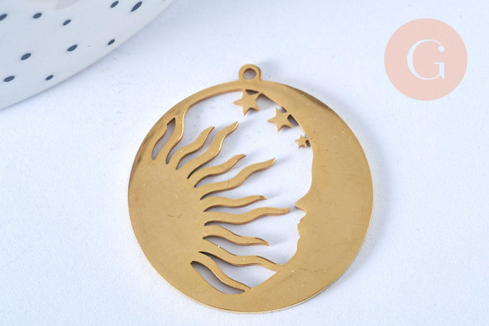 Pendentif lune et soleil acier 201 inoxydable doré 32mm, breloque acier inoxydable doré pour création bijoux, x1 G6187