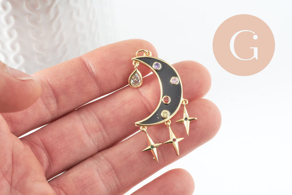 Pendentif lune étoiles émaillé laiton doré 45mm, x1 (G5335)