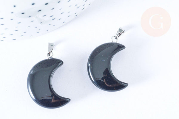 Pendentif lune obsidienne noire naturelle support laiton argenté 29mm, x1 (G6996)