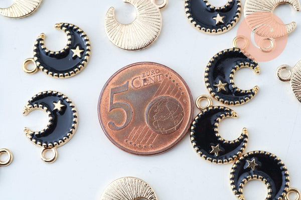 Pendentif lune zamac doré émail noir 16mm,pendentif doré pour création de bijoux, x5 (G6087)