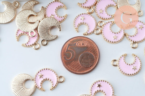 Pendentif lune zamac doré émail rose clair 16mm,pendentif doré pour création de bijoux, x5 G6093