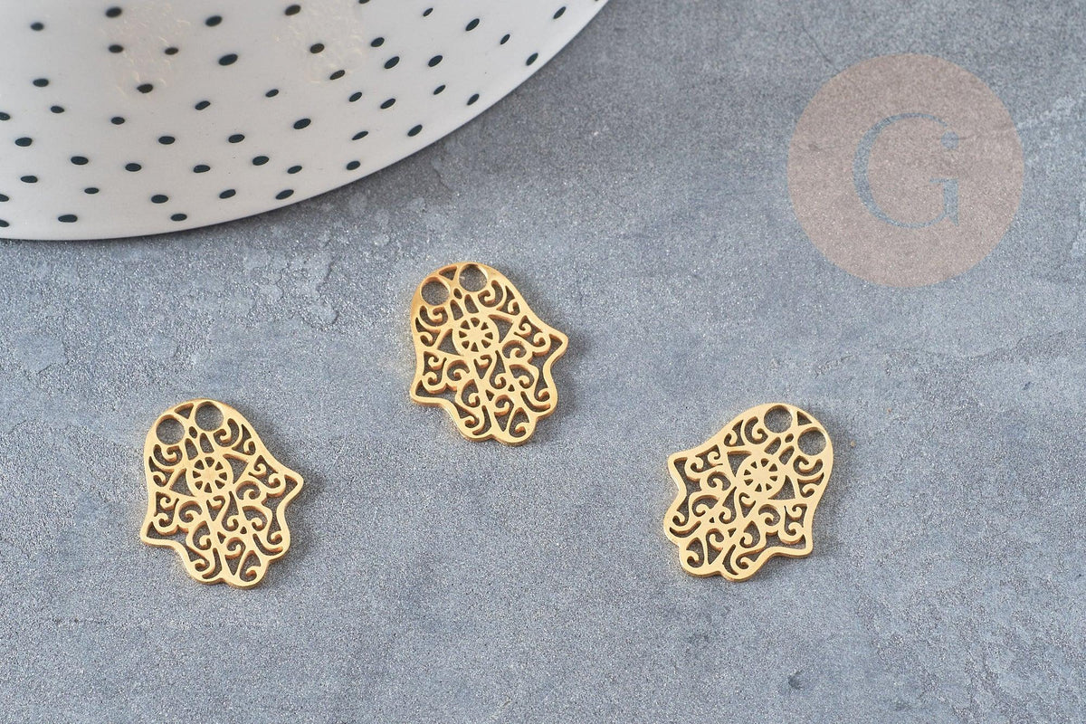 Pendentif main hamsa acier 201 inoxydable doré 18.6mm, breloque acier inoxydable doré pour création bijoux, x1 G6040