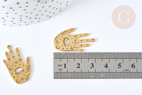 Pendentif main mystique acier 201 doré 30mm, fournitures création bijoux chance x1 G7380