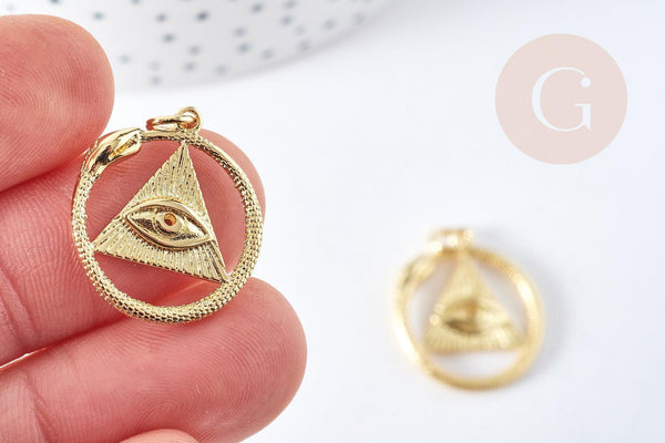 Pendentif mauvais œil et serpent laiton doré rond et plat 22mm, x1 G8963