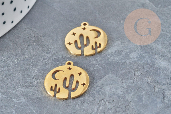 Pendentif médaille cactus étoiles acier doré 20.5mm, breloque acier inoxydable doré x1 (G6038)