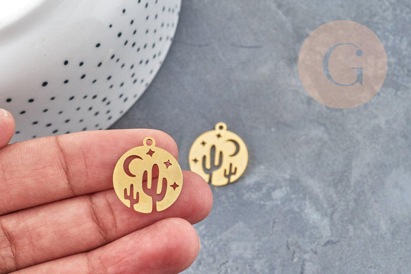 Pendentif médaille cactus étoiles acier doré 20.5mm, breloque acier inoxydable doré x1 (G6038)