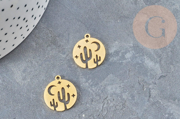 Pendentif médaille cactus étoiles acier doré 20.5mm, breloque acier inoxydable doré x1 (G6038)