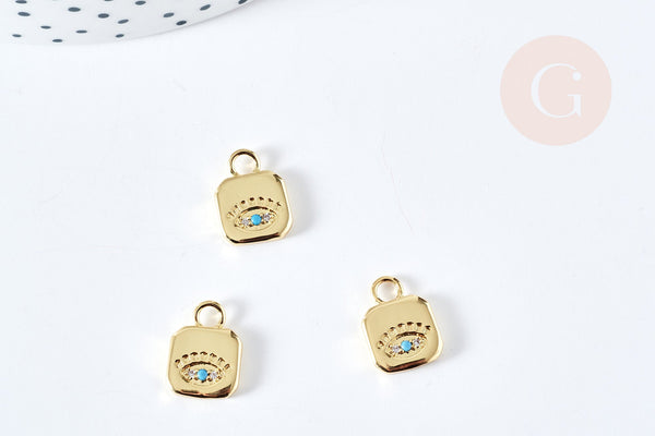 Pendentif médaille carré oeil protecteur laiton doré zircon 13mm, x1 (G8588)