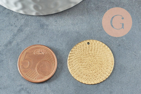 Pendentif médaille cerle texturée laiton brut 25mm, bijoux laiton brut x2 (G1226)