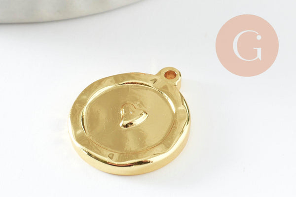 Pendentif médaille coeur acier 304 IP inoxydable doré 18K 18mm, x1 (G9579)