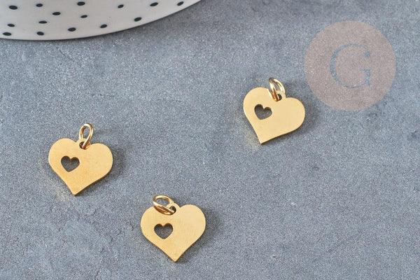 Pendentif médaille coeur acier 304 inoxydable doré 12mm, x1 (G2993)