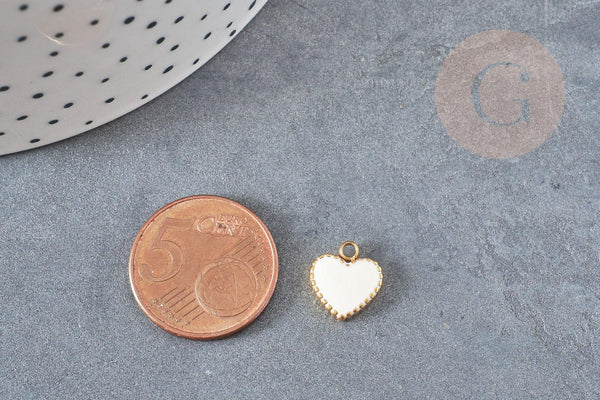 Pendentif médaille coeur acier 304 inoxydable doré émail blanc 11mm, x1 (G4884)