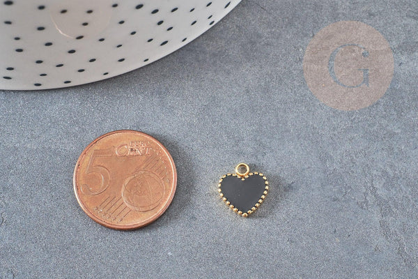 Pendentif médaille coeur acier doré émail noir, pendentif acier doré,sans nickel,médaille acier,11mm x1 G4885