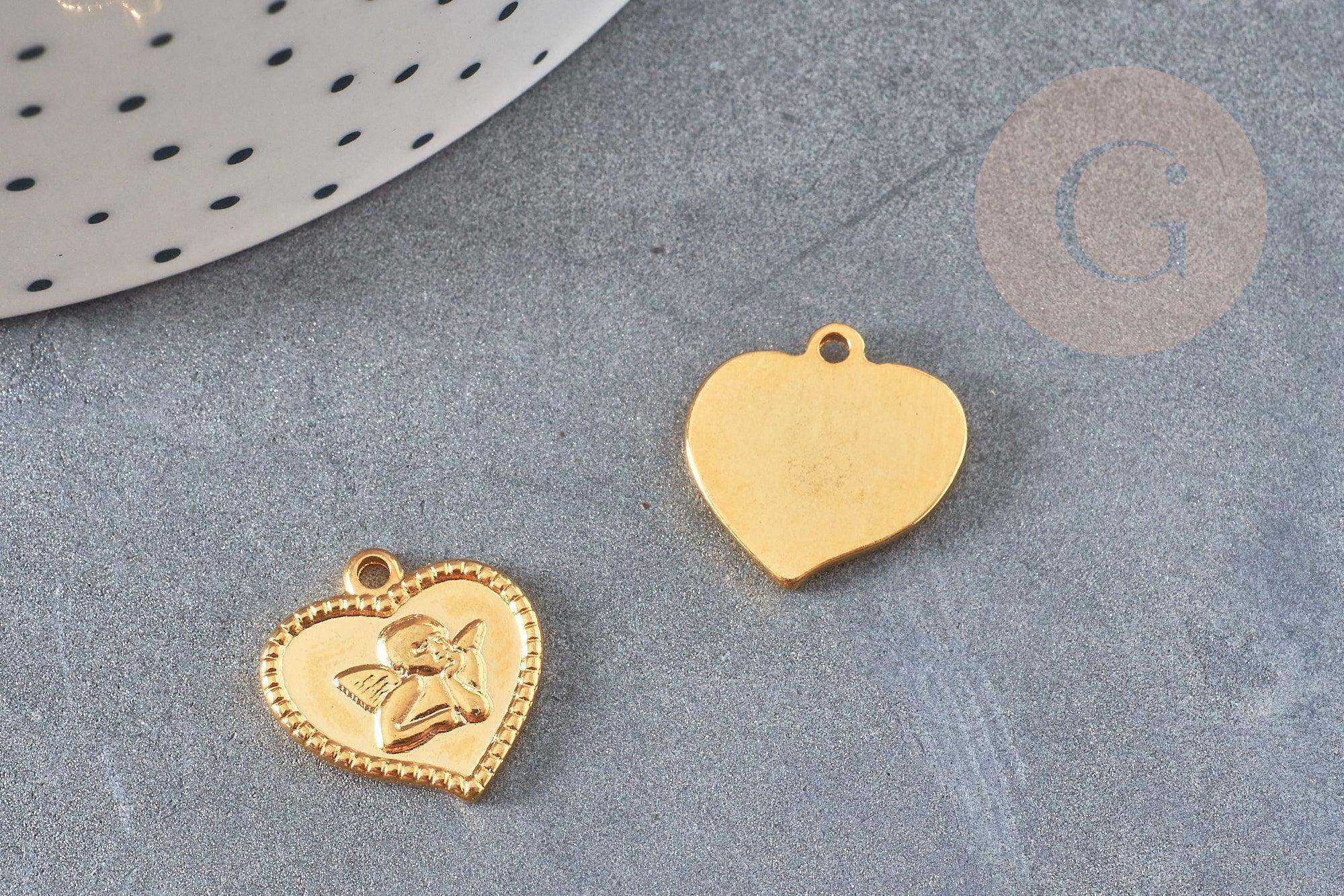 Pendentif médaille coeur ange acier 304 inoxydable doré 15mm, pendentif doré baptême x1 G4846