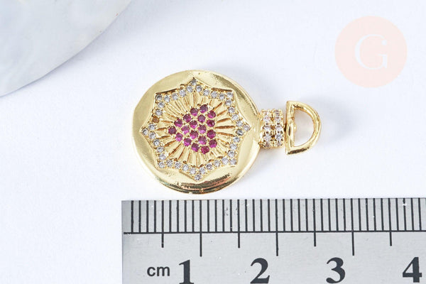 Pendentif médaille coeur laiton doré 18k zircons rouges 21mm, création bijoux fantaisie amour, x1 G6968