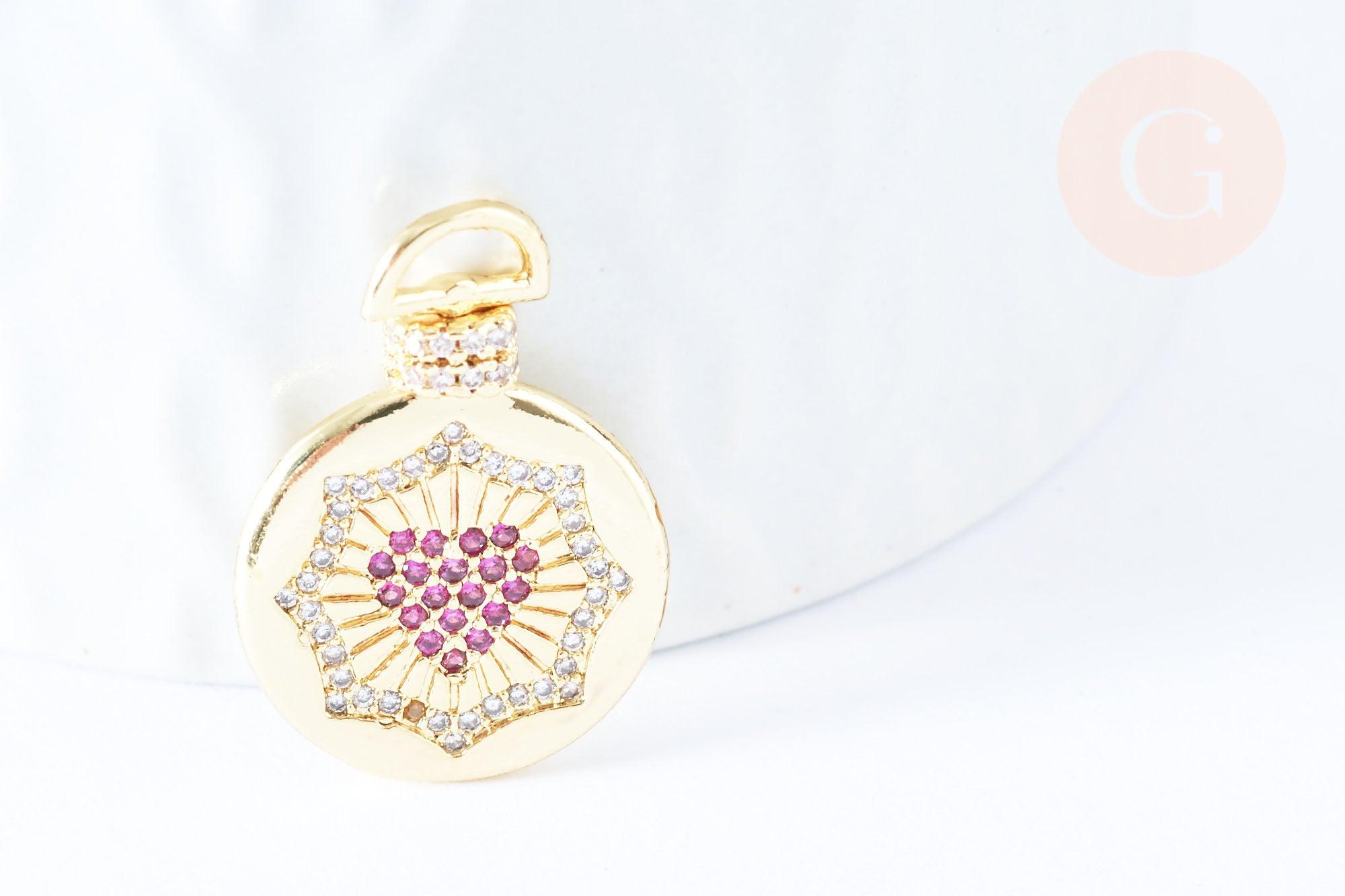 Pendentif médaille coeur laiton doré 18k zircons rouges 21mm, création bijoux fantaisie amour, x1 G6968