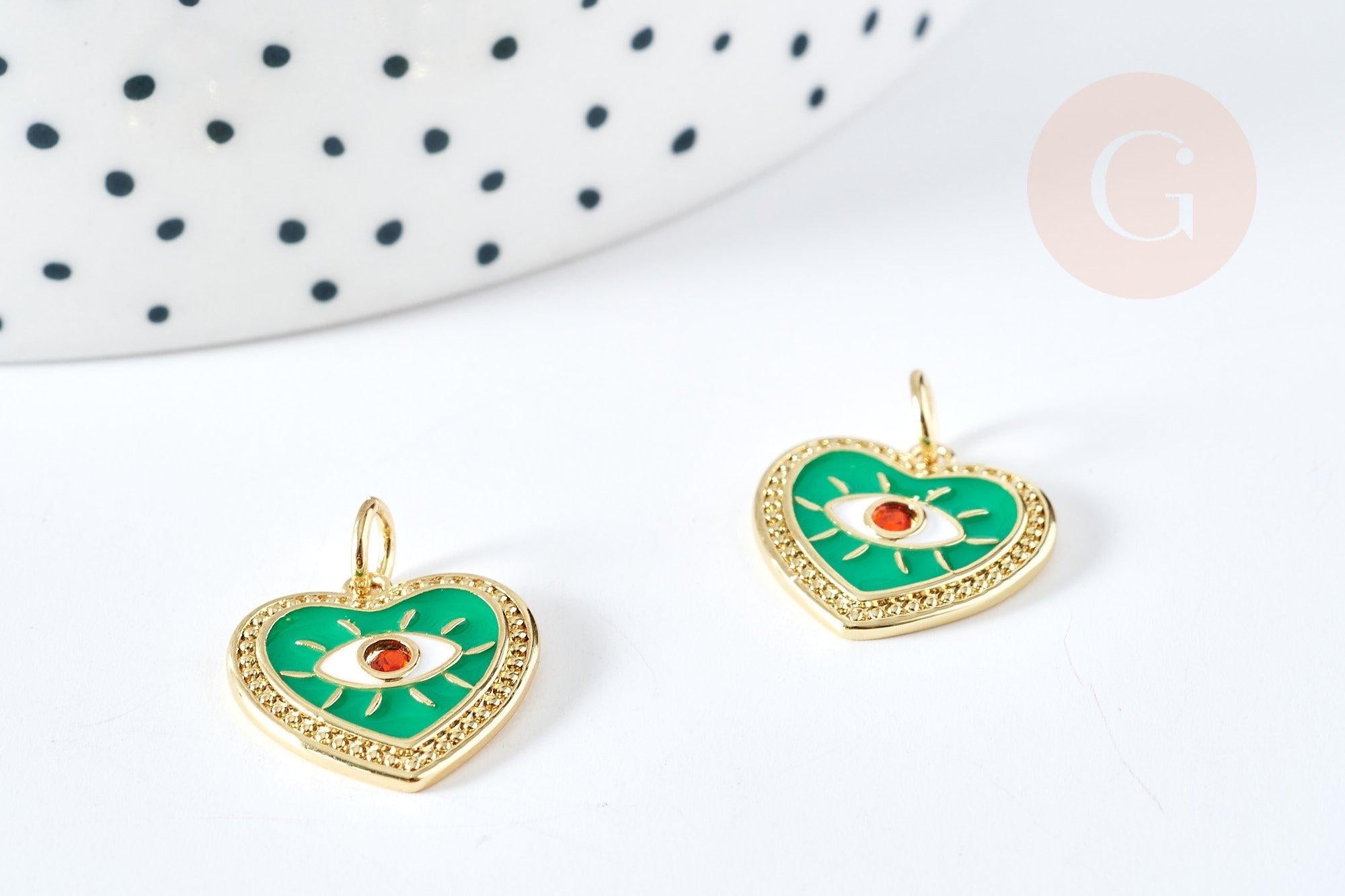 Pendentif médaille coeur oeil émail vert laiton doré 18K et cristal zircon 15mm,pendentif laiton amour , x1 G3355