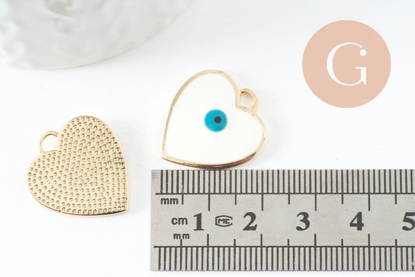 Pendentif médaille coeur oeil protecteur émail laiton doré 18K 22mm, x1 (G4297)