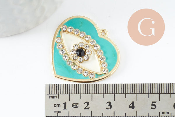 Pendentif médaille coeur oeil protecteur émail laiton doré zircons 34mm, x1 (G4293)