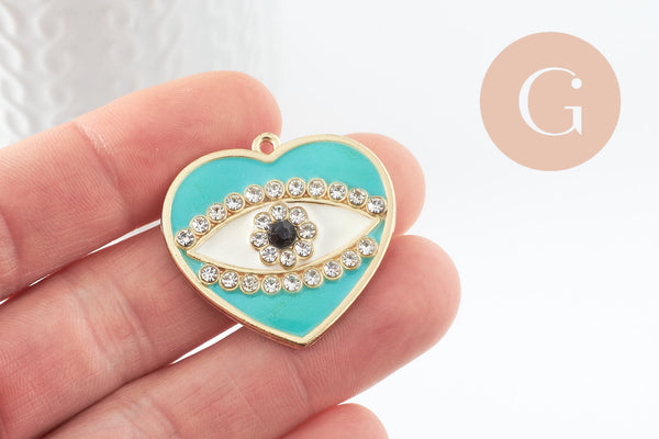 Pendentif médaille coeur oeil protecteur émail laiton doré zircons 34mm, x1 (G4293)