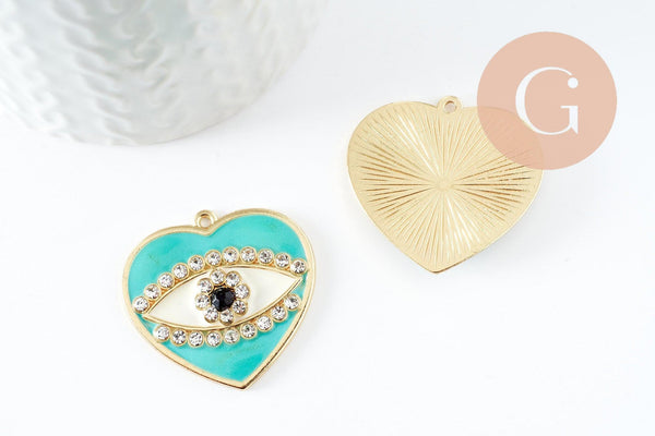 Pendentif médaille coeur oeil protecteur émail laiton doré zircons 34mm, x1 (G4293)